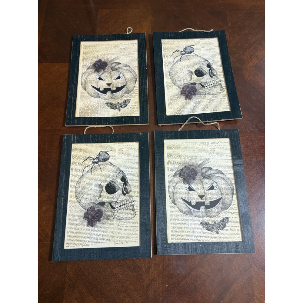 Vintage Gothic Halloween Wall Art Set Skull Pumpkin Spider Dictionary Page Décor
